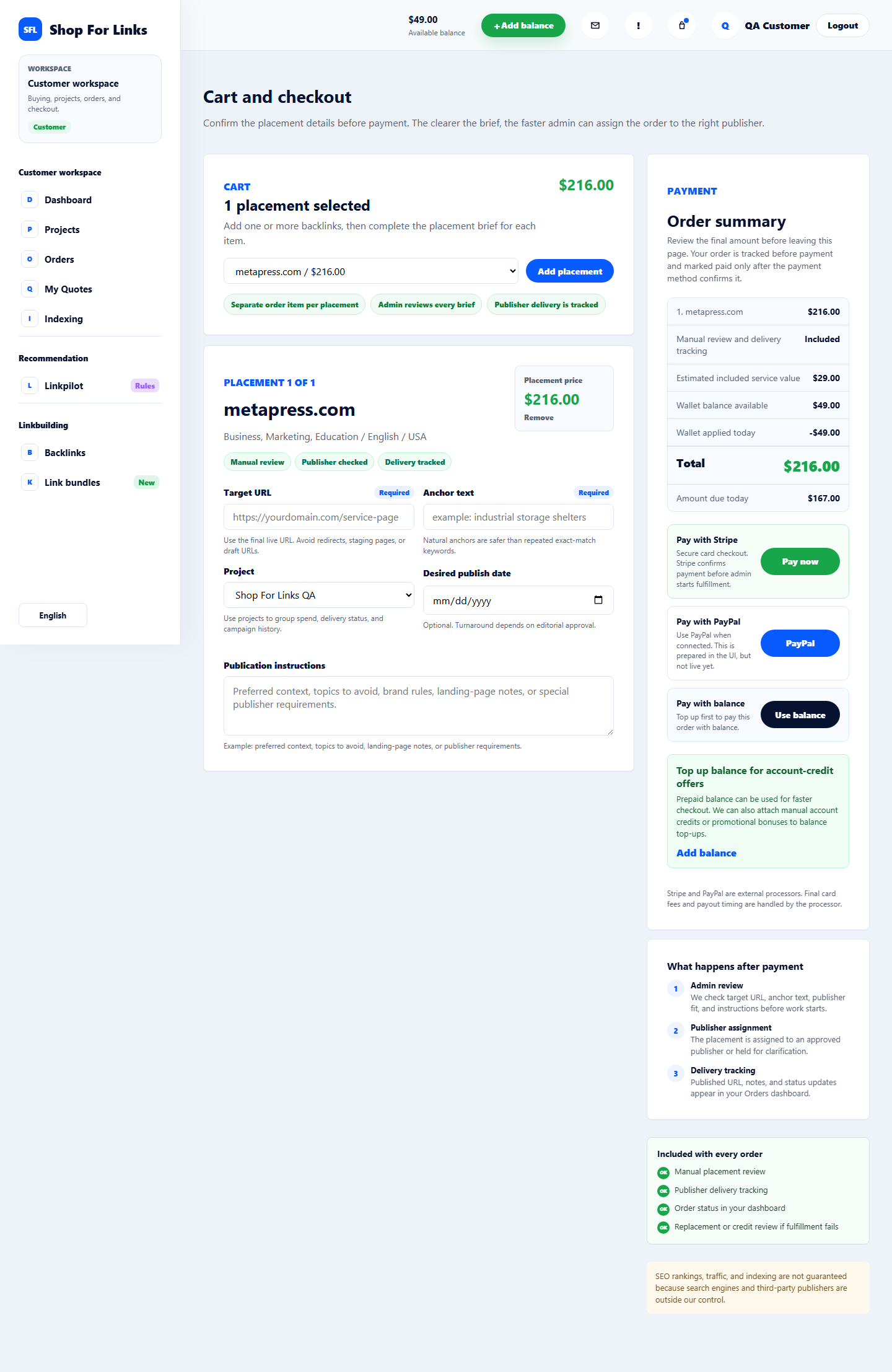 Checkout page collecting target URL, anchor text, project, instructions, payment summary, and post-payment workflow